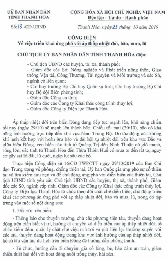 Công điện về việc triển khai ứng phó với áp thấp nhiệt đới, bão, mưa, lũ