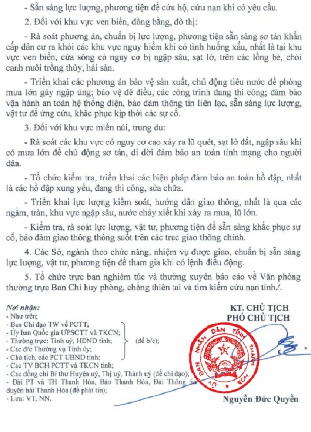 Công điện về việc triển khai ứng phó với áp thấp nhiệt đới, bão, mưa, lũ