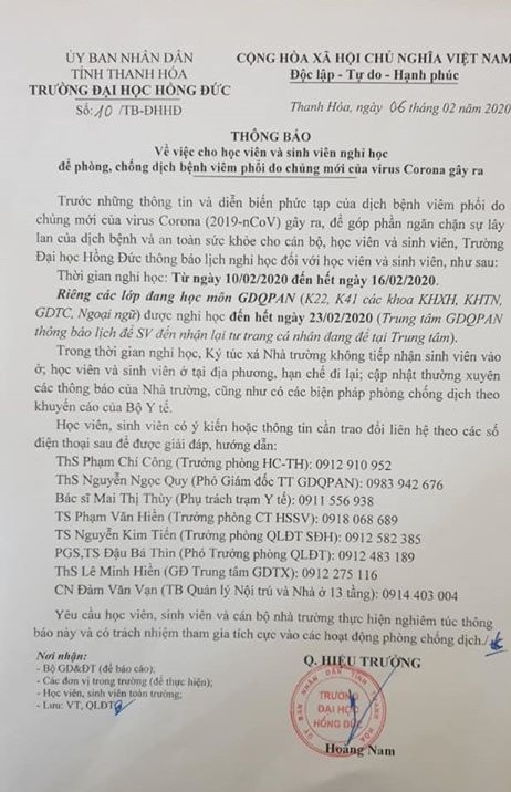 Sinh viên Trường ĐH Hồng Đức tiếp tục nghỉ thêm 1 tuần để phòng, chống dịch Corona