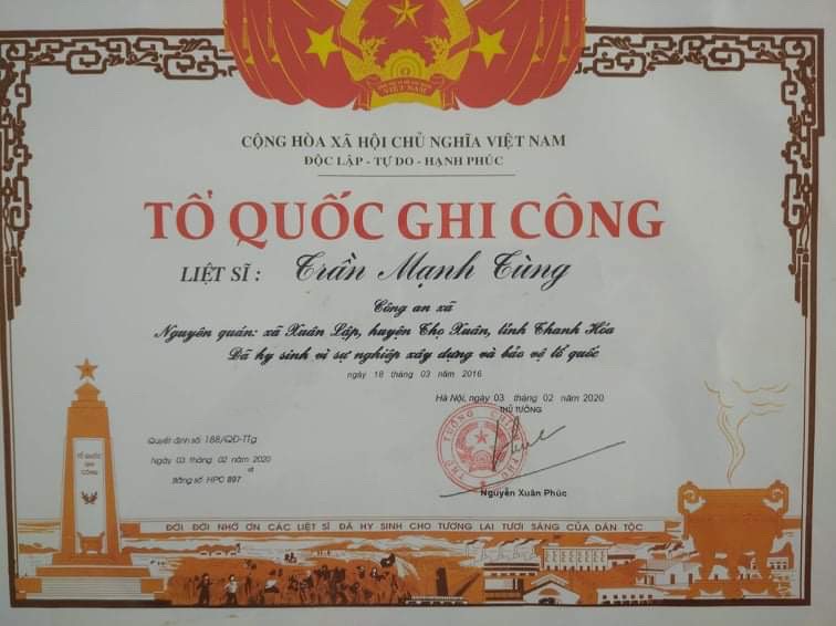 Công nhận liệt sỹ cho Phó trưởng Công an xã Xuân Lập, huyện Thọ Xuân hy sinh khi làm nhiệm vụ