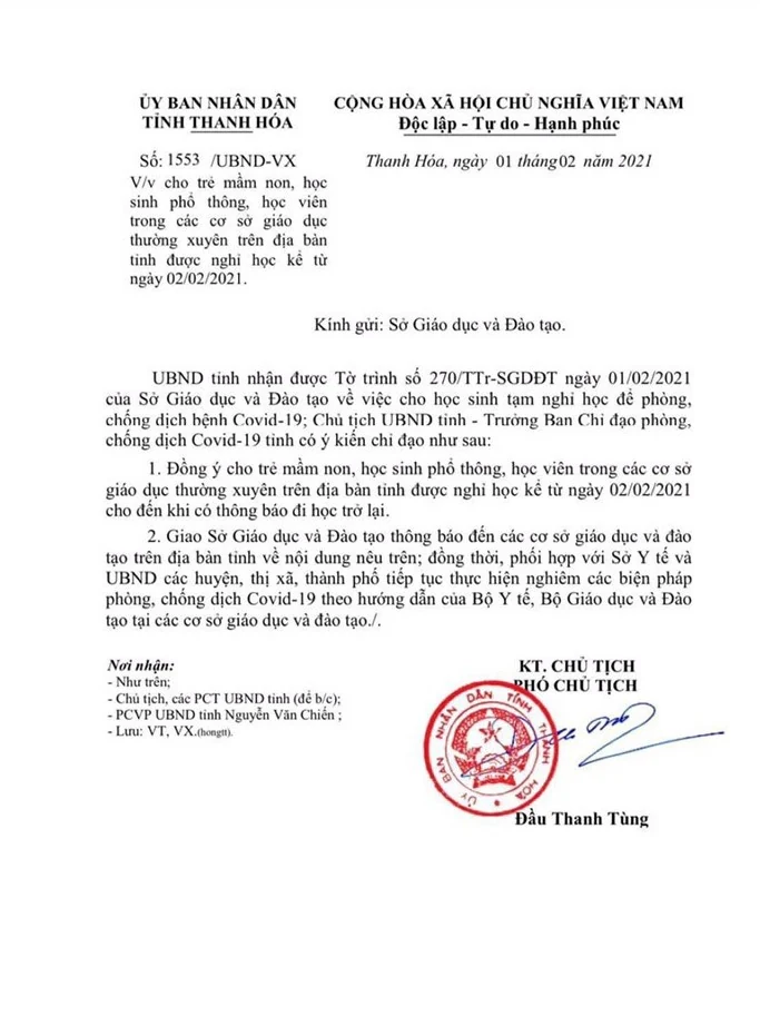 Thanh Hóa: Học sinh bắt đầu nghỉ học từ ngày 2-2-2021