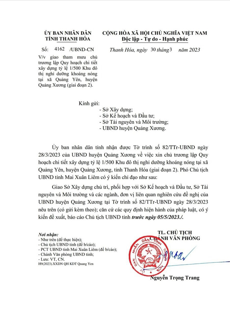 Giao tham mưu chủ trương lập Quy hoạch chi tiết xây dựng Khu đô thị nghỉ dưỡng khoáng nóng tại xã Quảng Yên (giai đoạn 2)
