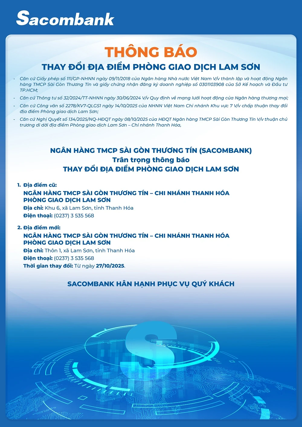 Sacombank thông báo thay đổi địa điểm phòng giao dịch Lam Sơn