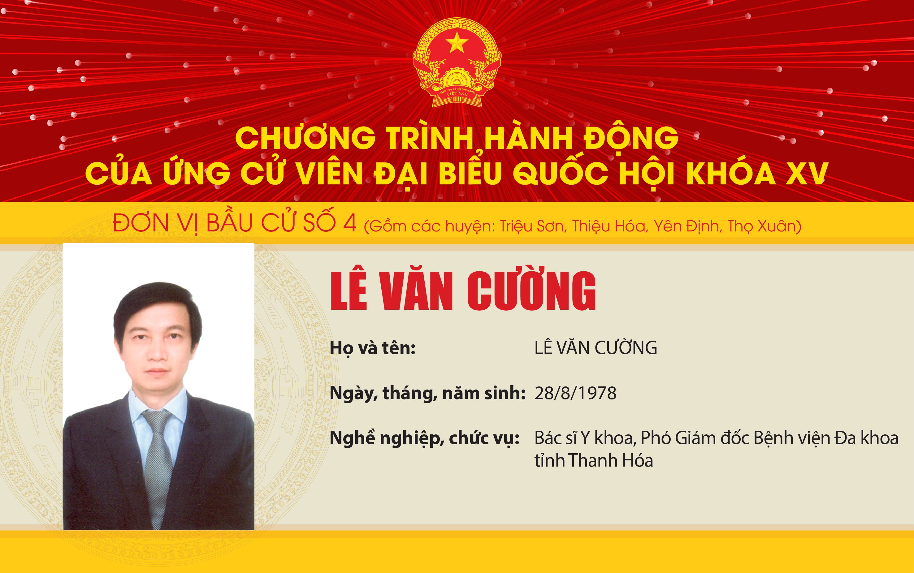 Chương trình hành động m88 trang chủ Ứng cử viên Đại biểu Quốc hội khóa XV Lê Văn Cường - Đơn vị bầu cử số 4