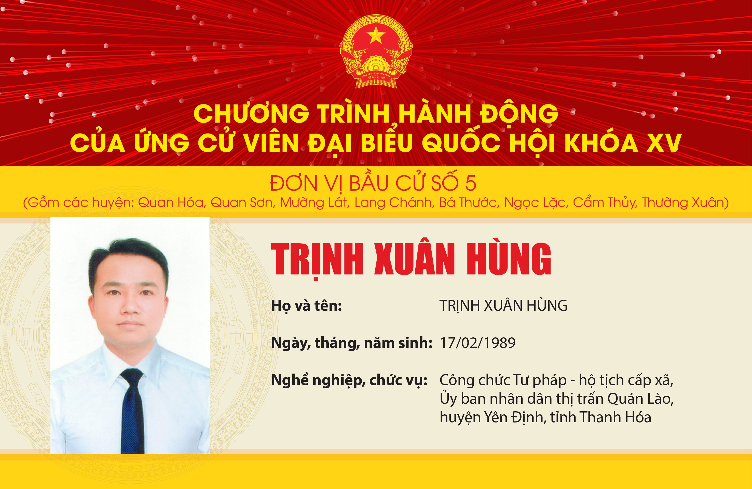 Chương trình hành động của Ứng cử viên Đại biểu Quốc hội khóa XV Trịnh Xuân Hùng - Đơn vị bầu cử số 5