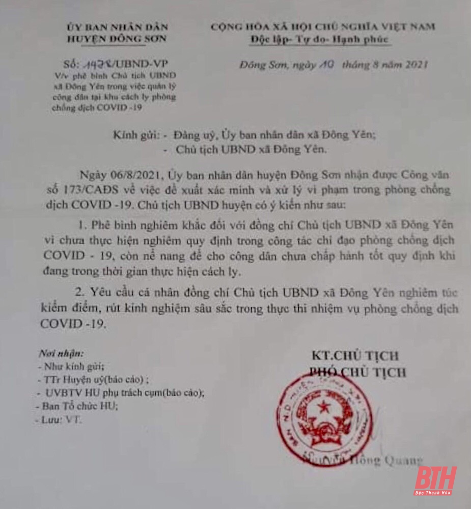 Phê bình Chủ tịch UBND xã Đông Yên trong việc quản lý công dân tại khu cách ly phòng chống dịch COVID-19