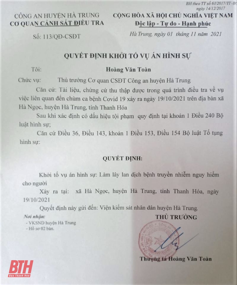 Khởi tố vụ án làm lây lan dịch bệnh COVID-19 tại xã Hà Ngọc, huyện Hà Trung