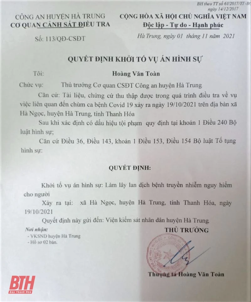 Khởi tố vụ án làm lây lan dịch bệnh COVID-19 tại xã Hà Ngọc, huyện Hà Trung