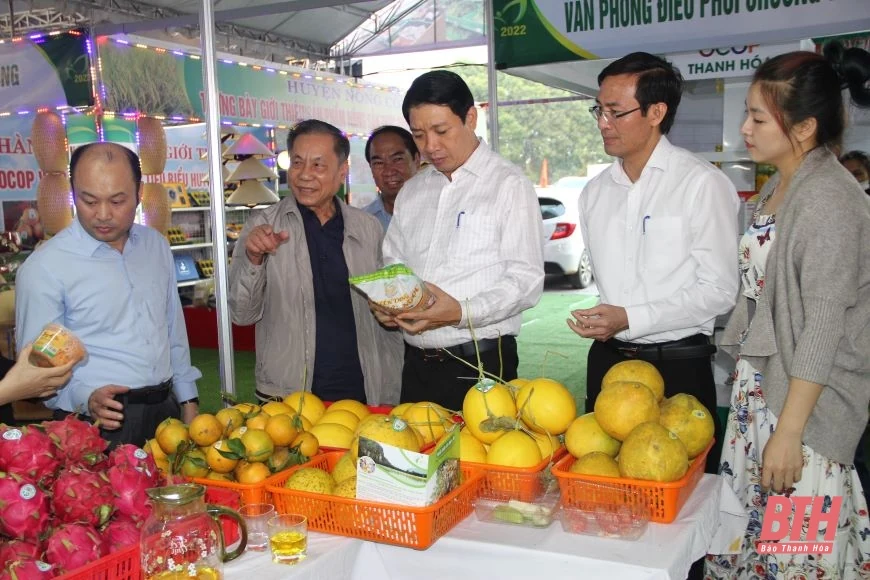 Phó Chủ tịch UBND tỉnh Lê Đức Giang kiểm tra trưng bày các gian hàng kết nối cung cầu nông sản, thực phẩm an toàn tỉnh Thanh Hóa 2022