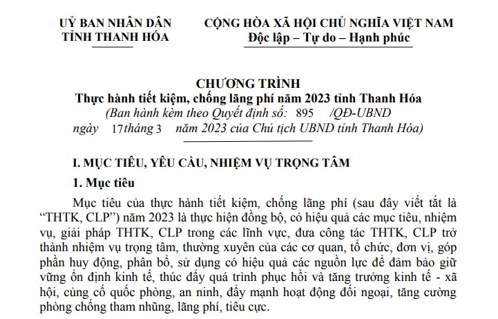 Ban hành Chương trình thực hành tiết kiệm, chống lãng phí năm 2023 tỉnh Thanh Hóa