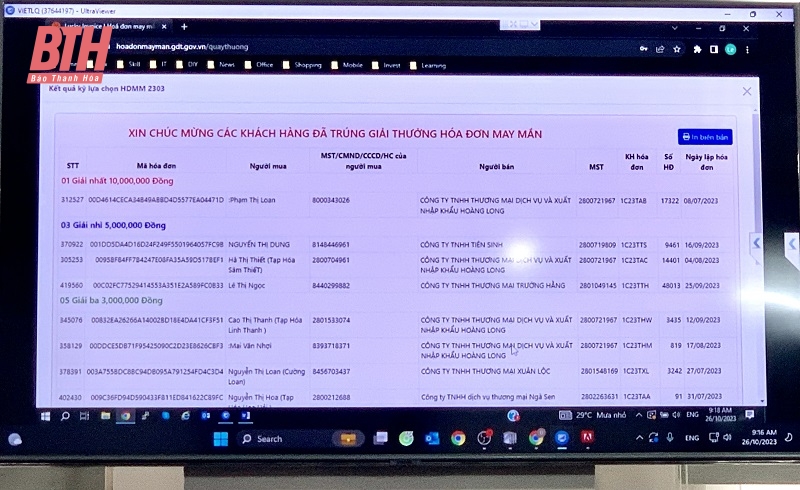 Bấm số lựa chọn hóa đơn chương trình “Hóa đơn may mắn” quý III /2023