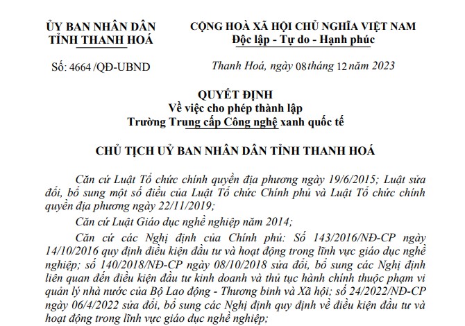 Thanh Hóa cho phép thành lập Trường Trung cấp Công nghệ xanh quốc tế