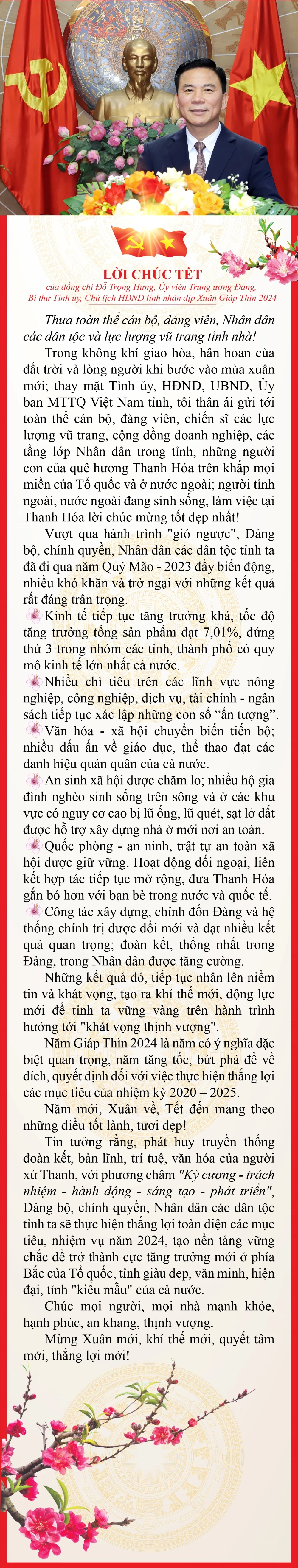 Lời chúc Tết của đồng chí Đỗ Trọng Hưng, Ủy viên Trung ương Đảng, Bí thư Tỉnh ủy, Chủ tịch HĐND tỉnh nhân dịp Xuân Giáp Thìn 2024