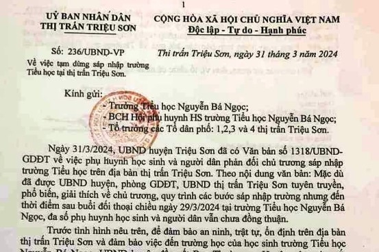 Tạm dừng việc sáp nhập trường ở Triệu Sơn