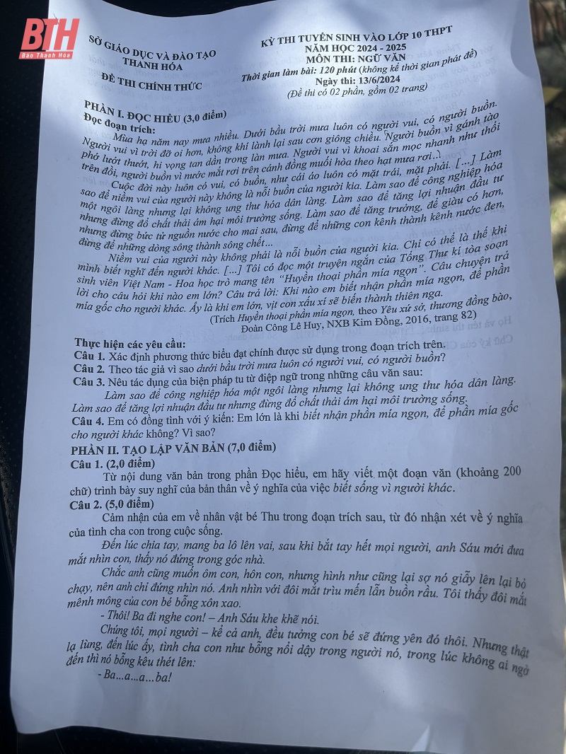 Kỳ thi vào lớp 10 THPT công lập tỉnh Thanh Hóa: Đề thi Ngữ văn gần gũi, hướng đến lẽ sống nhân văn, cao đẹp