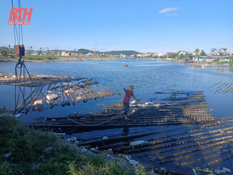 Tháo dỡ bè, mảng trái phép tại Khu neo đậu tránh trú bão cho tàu cá Lạch Bạng