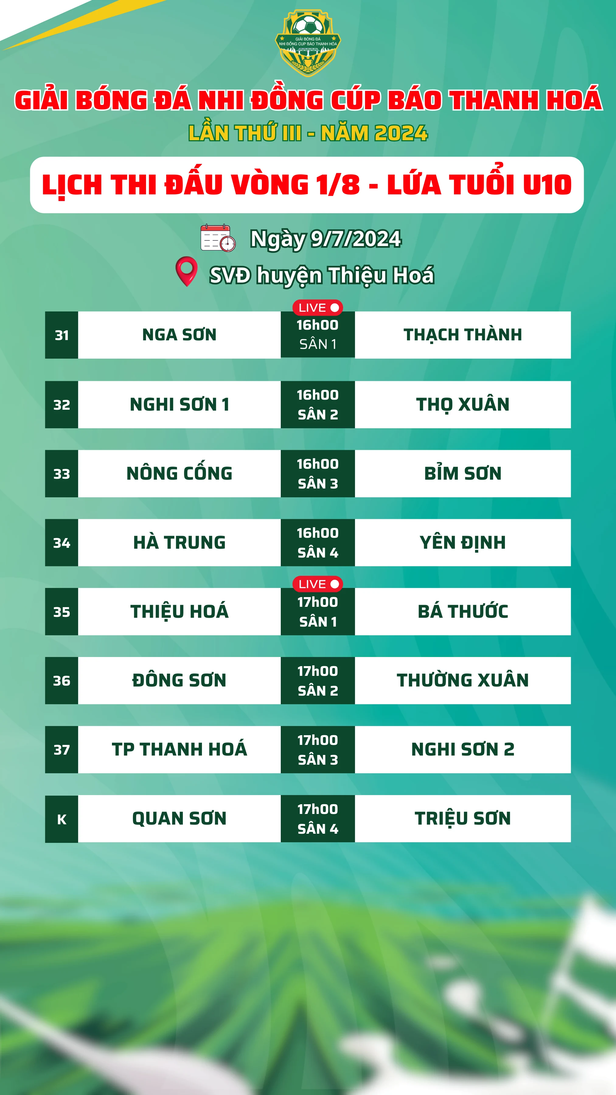 Kết quả bốc thăm vòng 1/8 lứa tuổi U10 Giải Bóng đá Nhi đồng Cup Báo Thanh hoá lần thứ III - năm 2024