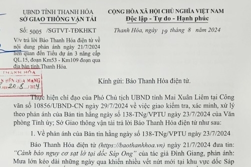 Sở Giao thông - Vận tải trả lời sau phản ánh của Báo Thanh Hóa về nguy cơ sạt lở tại dốc Sáp Ong