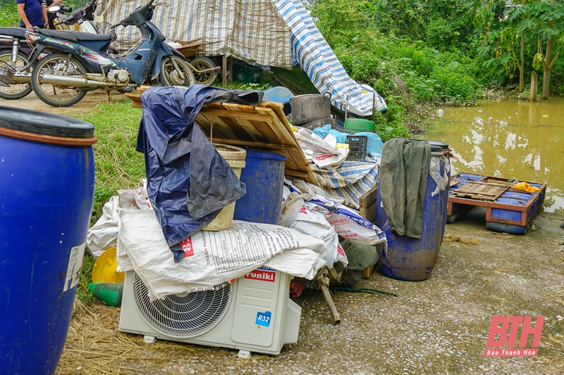 Dân làng sơ tán vật nuôi, đồ đạc lên đê tránh lũ