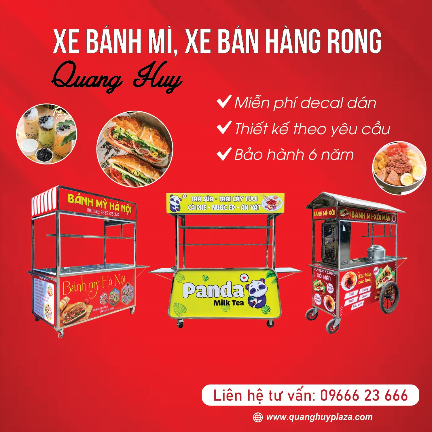 Xe bánh mì, xe bán hàng rong Quang Huy gia công tối ưu chi phí giải pháp bán hàng lưu động