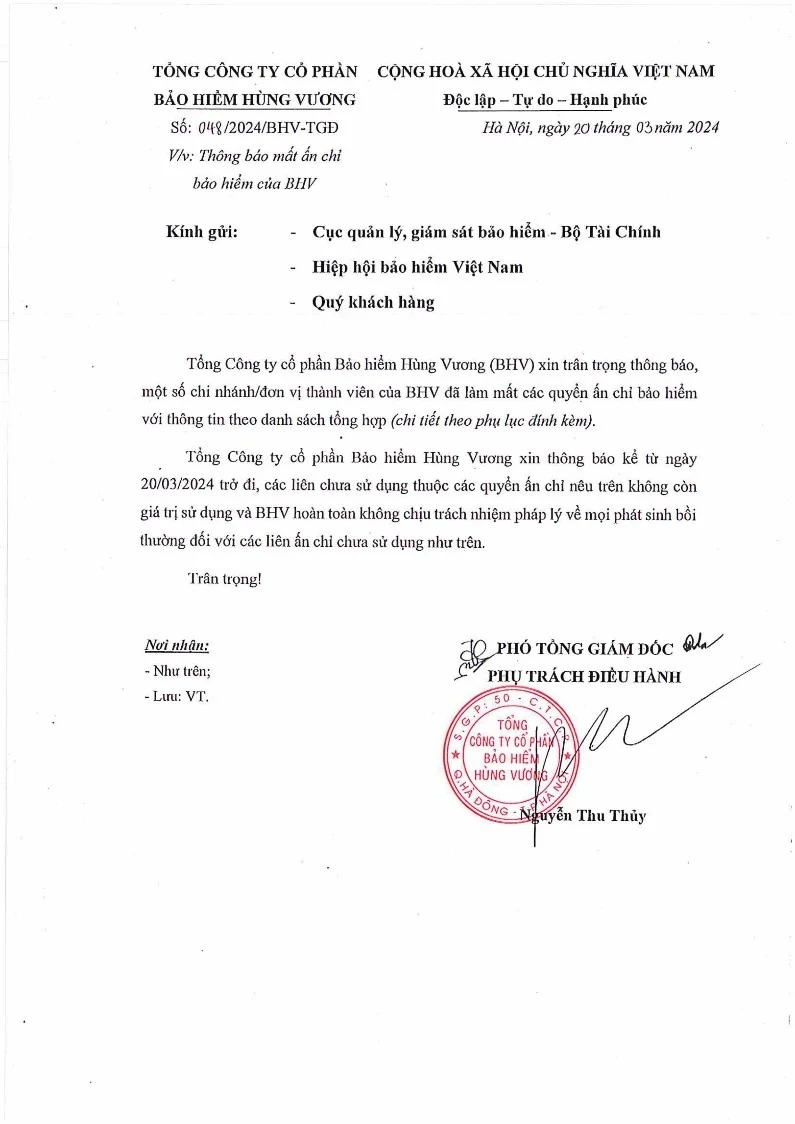 Tổng Công ty cổ phần Bảo hiểm Hùng Vương thông báo mất ấn chỉ