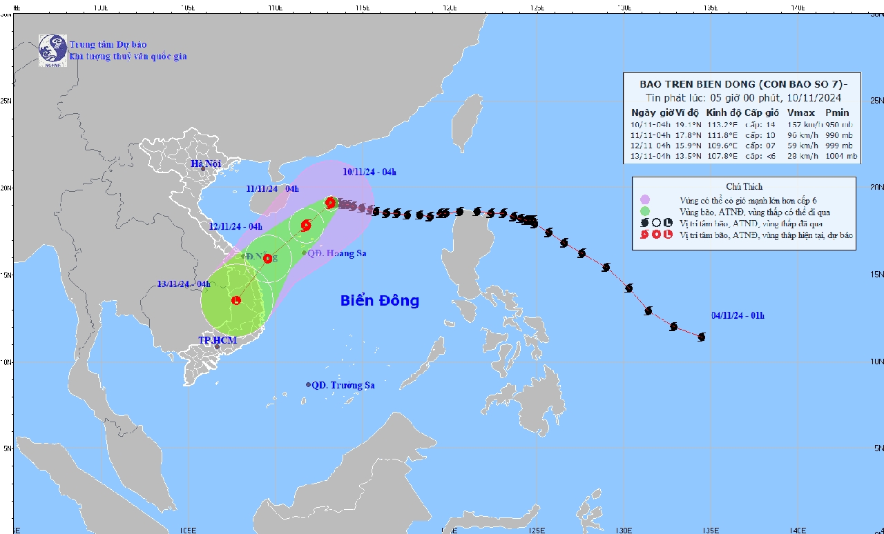 Bão số 7 di chuyển chậm hướng Tây, biển động dữ dội