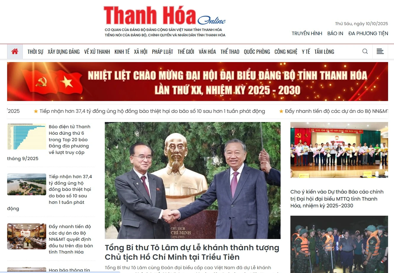 Báo điện tử Thanh Hóa đứng thứ 6 trong Top 20 báo Đảng địa phương về lượt truy cập tháng 9/2025