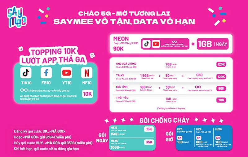 Điểm danh các gói cước tháng Saymee chỉ từ 70K có ngay data lên đến 7GB/ngày