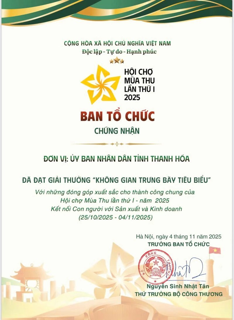 Tỉnh Thanh Hóa đạt giải “Không gian trưng bày tiêu biểu” tại Hội chợ Mùa Thu 2025