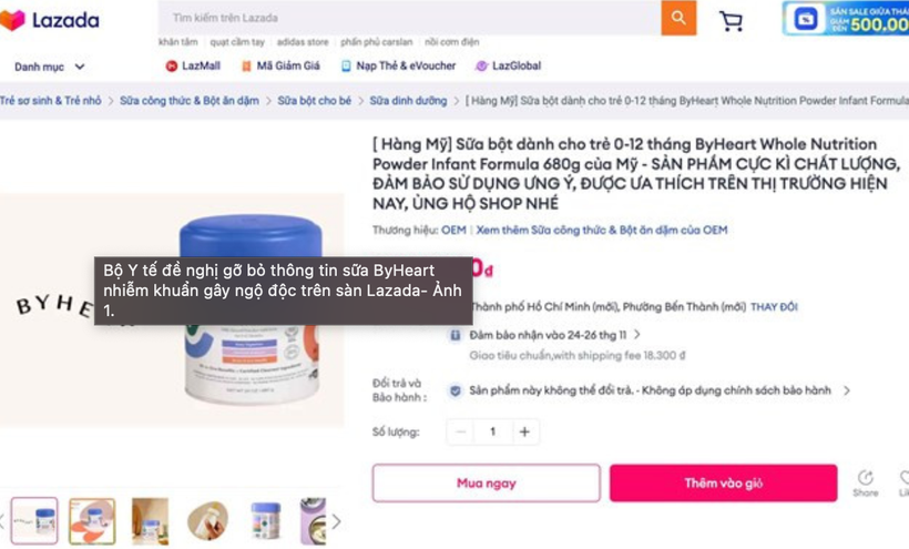 Bộ Y tế đề nghị gỡ bỏ thông tin sữa ByHeart gây ngộ độc trên sàn thương mại điện tử
