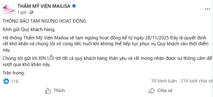 Thẩm mỹ viện Mailisa thông báo dừng hoạt động toàn hệ thống từ 28/11, xin lỗi khách hàng