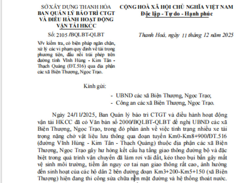 Cần có giải pháp ngăn chặn, xử lý vi phạm tải trọng trên đường tỉnh 516
