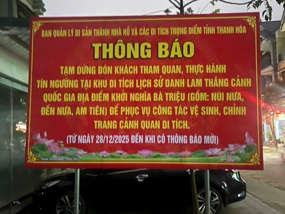 Tạm dừng đón khách tại Khu di tích lịch sử, danh lam thắng cảnh quốc gia địa điểm khởi nghĩa Bà Triệu