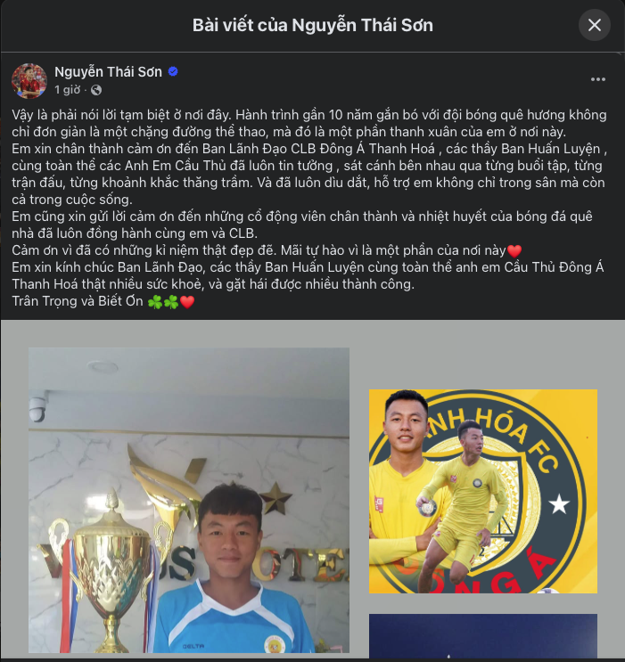 Thái Sơn nói lời tạm biệt đội bóng quê hương