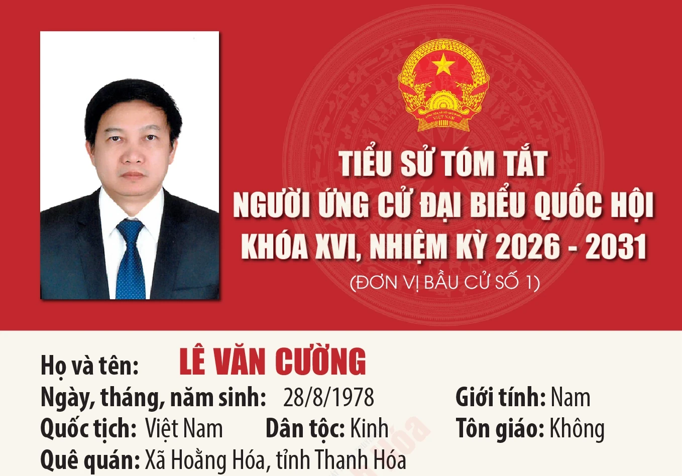 [Infographics] Tiểu sử ứng cử viên Đại biểu Quốc hội khóa XVI Lê Văn Cường